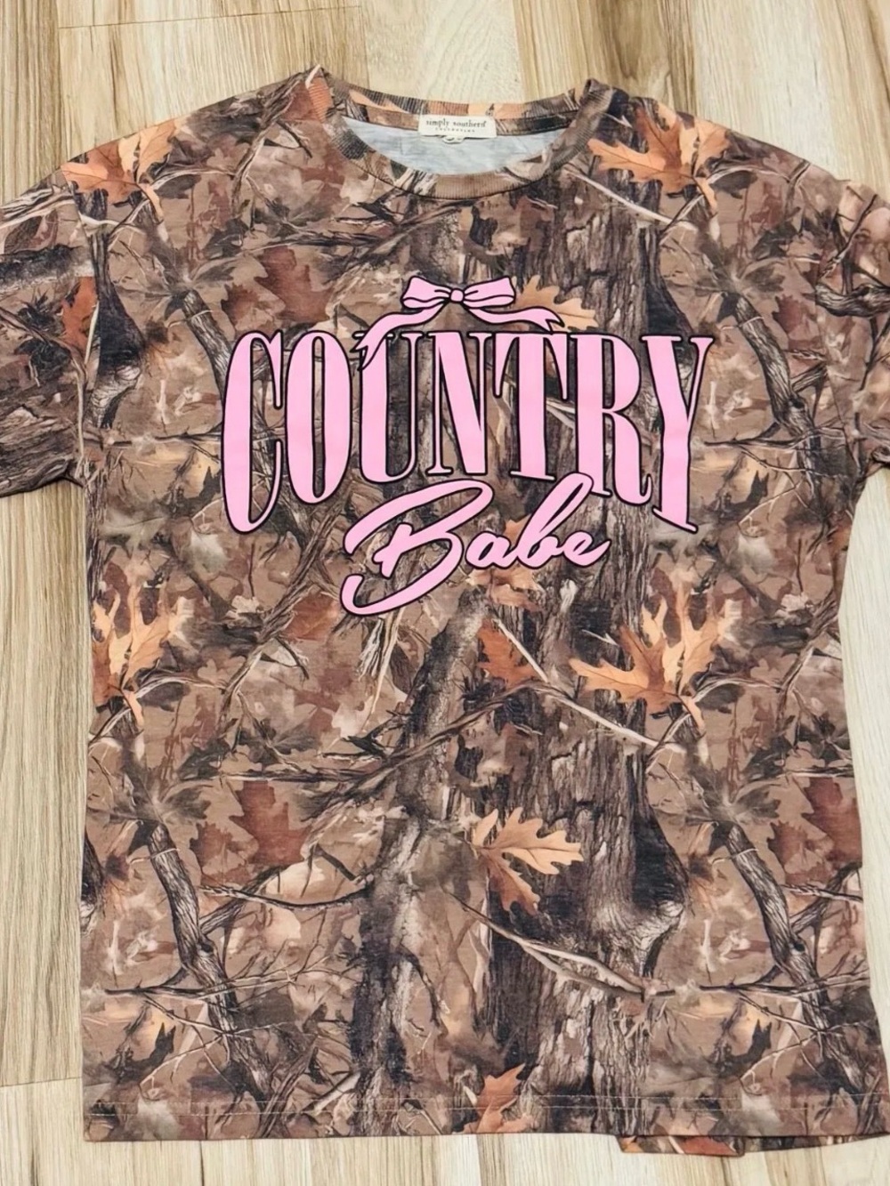 Simply Southern Brown Camo Tee with Pink "Country Babe" Graphic